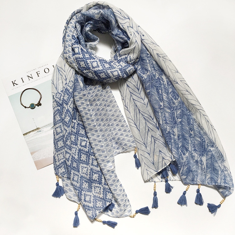 European and American Foreign Trade Green-Blue Fresh Cotton and Linen Scarf Long Spring, Autumn and Winter Artistic Style Large Sunscreen Shawl Dual-Use Women