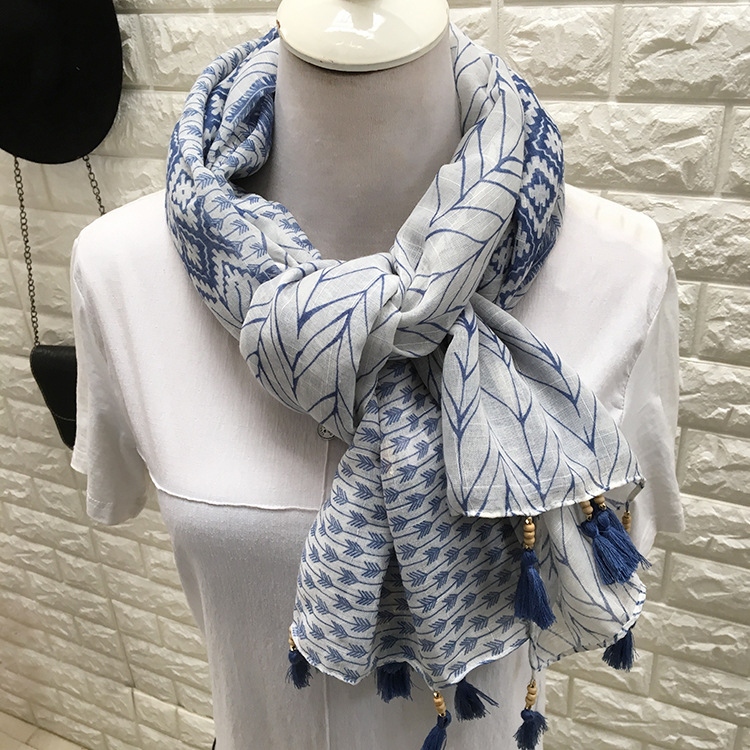 European and American Foreign Trade Green-Blue Fresh Cotton and Linen Scarf Long Spring, Autumn and Winter Artistic Style Large Sunscreen Shawl Dual-Use Women