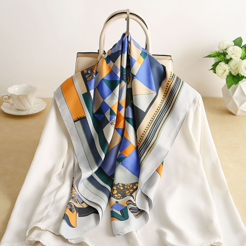 Geometric Stitching Emulation Silk Scarf Spring and Summer New Twill Large Kerchief Decorative Sunscreen Shawl Scarf Wholesale