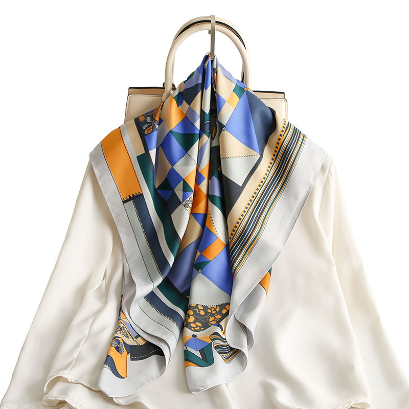 Geometric Stitching Emulation Silk Scarf Spring and Summer New Twill Large Kerchief Decorative Sunscreen Shawl Scarf Wholesale