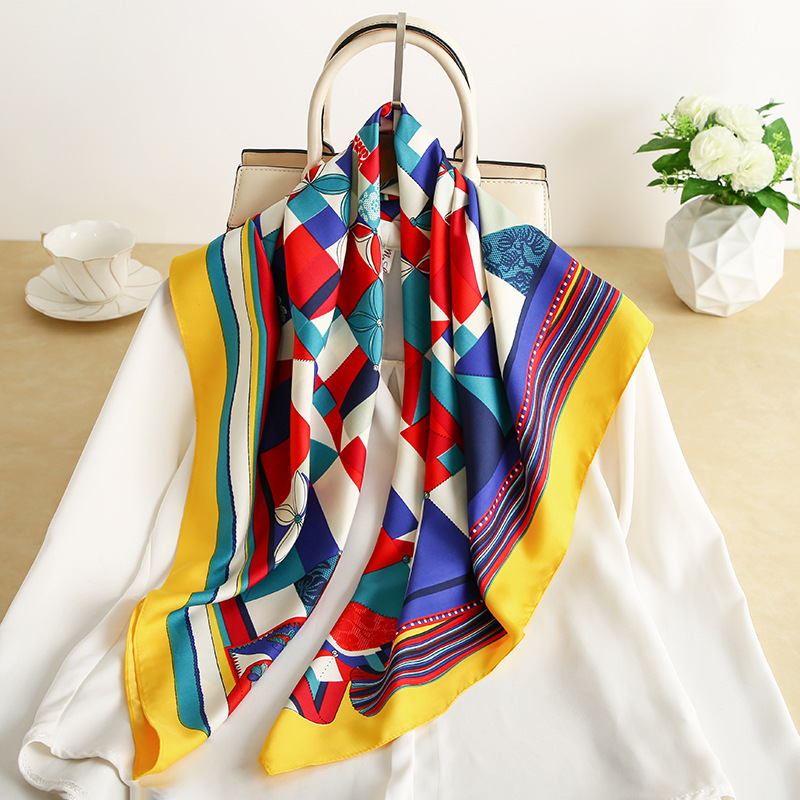 Geometric Stitching Emulation Silk Scarf Spring and Summer New Twill Large Kerchief Decorative Sunscreen Shawl Scarf Wholesale
