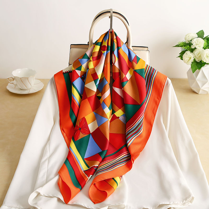 Geometric Stitching Emulation Silk Scarf Spring and Summer New Twill Large Kerchief Decorative Sunscreen Shawl Scarf Wholesale