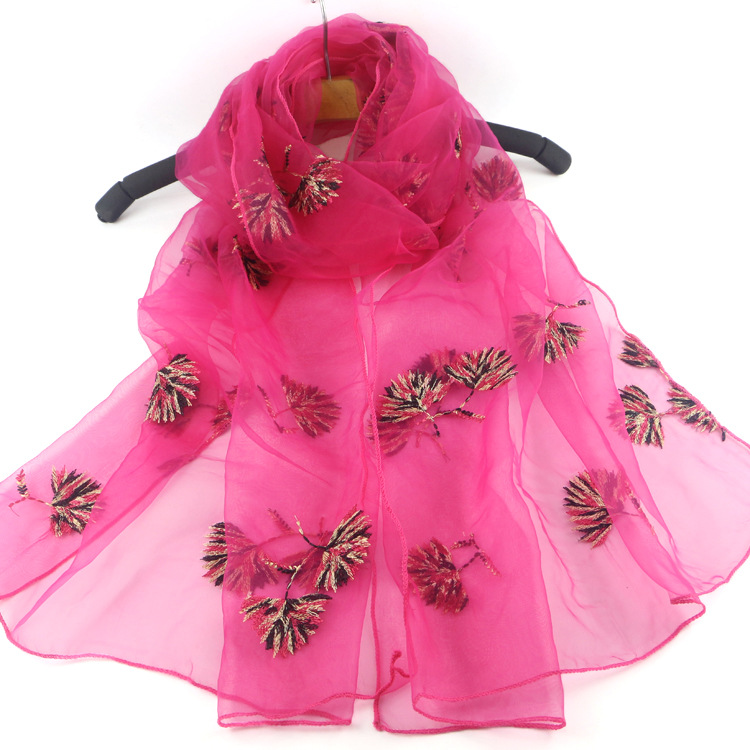 New Silk Scarf Women&#039;s Spring and Autumn All-Matching Embroidered Scarf Long Scarf Organza Maple Leaf Embroidered Air Conditioning Sunscreen Shawl Summer