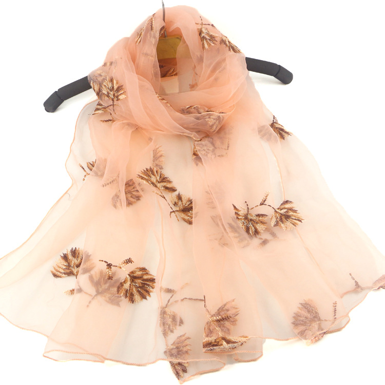 New Silk Scarf Women&#039;s Spring and Autumn All-Matching Embroidered Scarf Long Scarf Organza Maple Leaf Embroidered Air Conditioning Sunscreen Shawl Summer