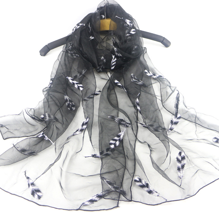 New Summer Yarn Scarf Feather Embroidered Sunscreen Shawl Organza All-Match Scarf Muslim Kerchief Women