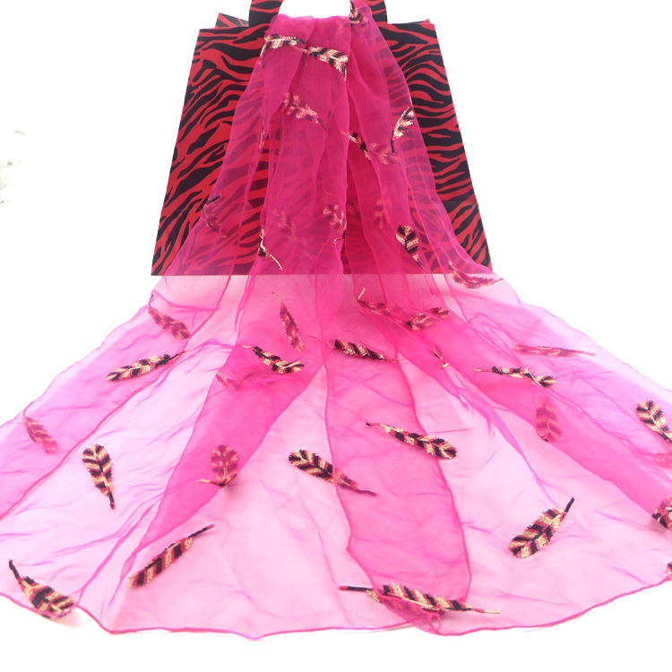 New Summer Yarn Scarf Feather Embroidered Sunscreen Shawl Organza All-Match Scarf Muslim Kerchief Women