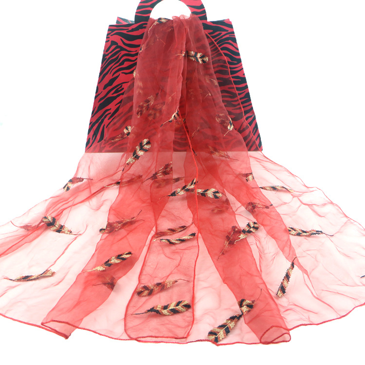 New Summer Yarn Scarf Feather Embroidered Sunscreen Shawl Organza All-Match Scarf Muslim Kerchief Women