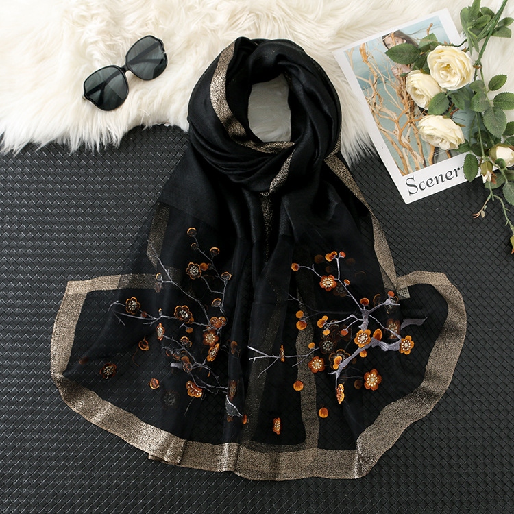 New Silk Wool Embroidered Scarf Women&#039;s Silk Wool Embroidered Mulberry Silk Scarf Sunscreen Shawl Women