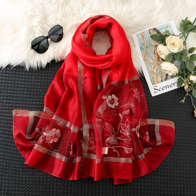 Factory Wholesale New Silk Wool Embroidered Scarf Female Silk Wool Embroidered Mulberry Silk Scarf Sunscreen Shawl Female