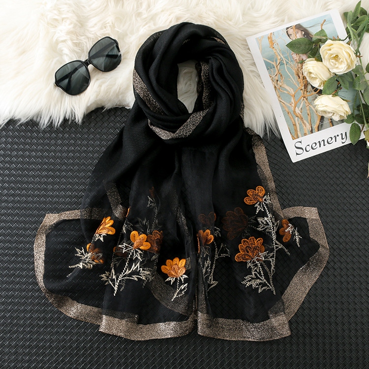One Piece Dropshipping New Silk Wool Embroidered Scarf for Women Silk Wool Embroidered Mulberry Silk Scarf Sunscreen Shawl for Women