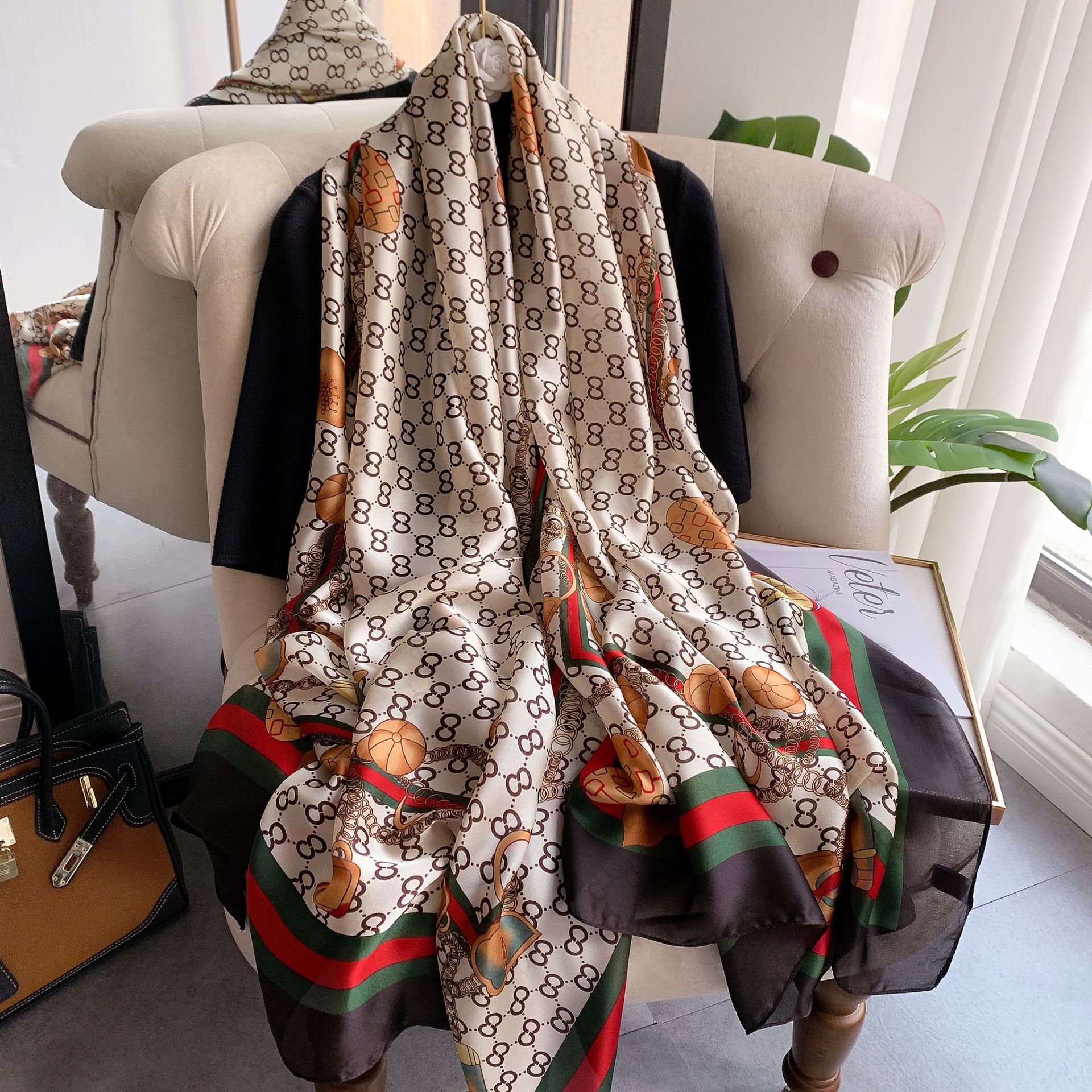 2021 Silk Scarf Women&#039;s Artificial Silk Spring and Autumn Korean Style Net Red New Silk Forging Thin Long Beach Towel Sunscreen Shawl Scarf