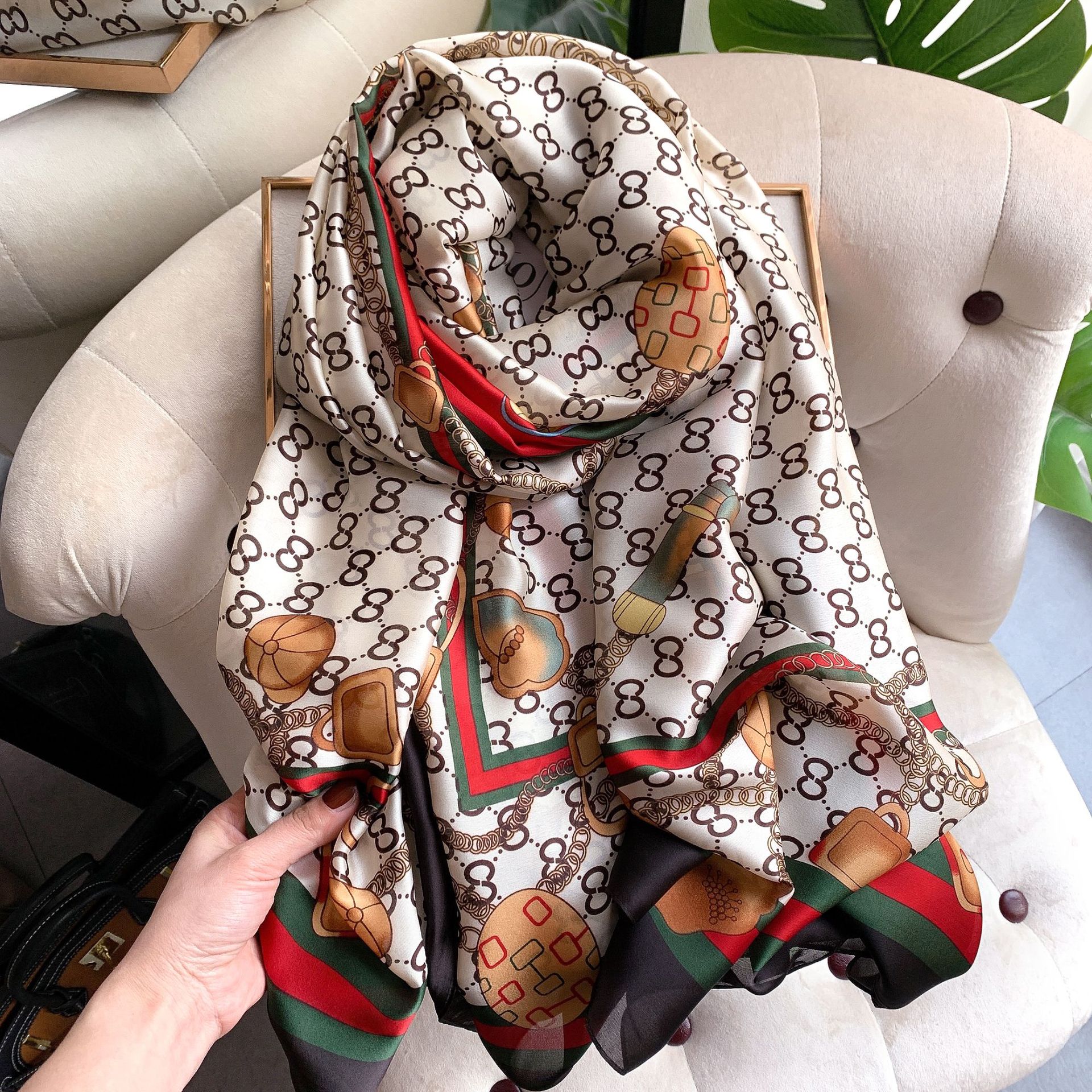 2021 Silk Scarf Women&#039;s Artificial Silk Spring and Autumn Korean Style Net Red New Silk Forging Thin Long Beach Towel Sunscreen Shawl Scarf