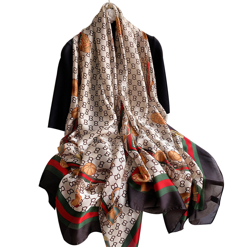 2021 Silk Scarf Women&#039;s Artificial Silk Spring and Autumn Korean Style Net Red New Silk Forging Thin Long Beach Towel Sunscreen Shawl Scarf