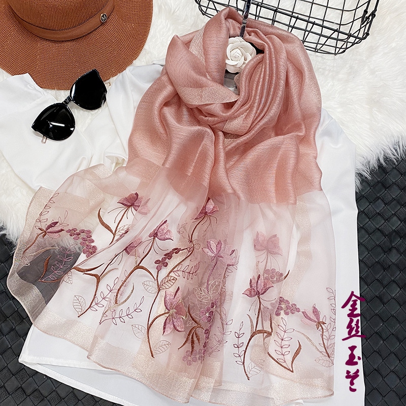 Silk Embroidered Women&#039;s Scarf Sunscreen Shawl Elegant Korean Style Embroidered Ethnic Style Scarf Fashion All-Matching in Stock Wholesale