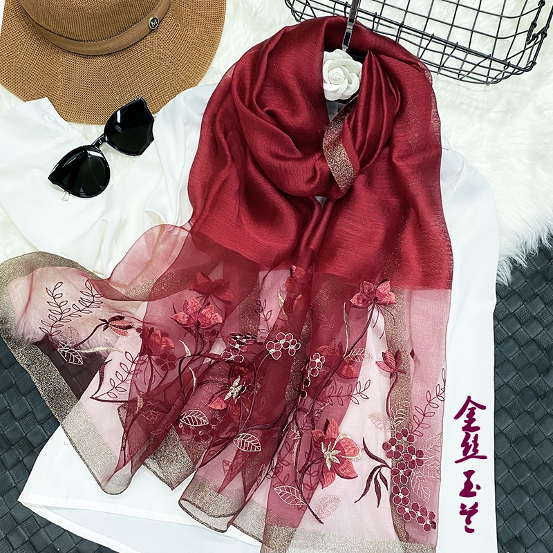 Silk Embroidered Women&#039;s Scarf Sunscreen Shawl Elegant Korean Style Embroidered Ethnic Style Scarf Fashion All-Matching in Stock Wholesale