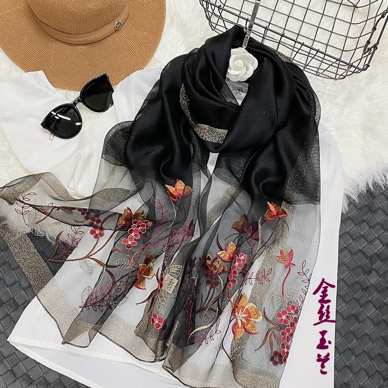 Silk Embroidered Women&#039;s Scarf Sunscreen Shawl Elegant Korean Style Embroidered Ethnic Style Scarf Fashion All-Matching in Stock Wholesale