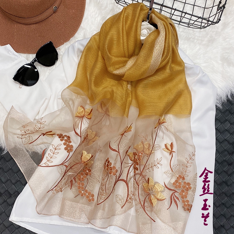 Silk Embroidered Women&#039;s Scarf Sunscreen Shawl Elegant Korean Style Embroidered Ethnic Style Scarf Fashion All-Matching in Stock Wholesale