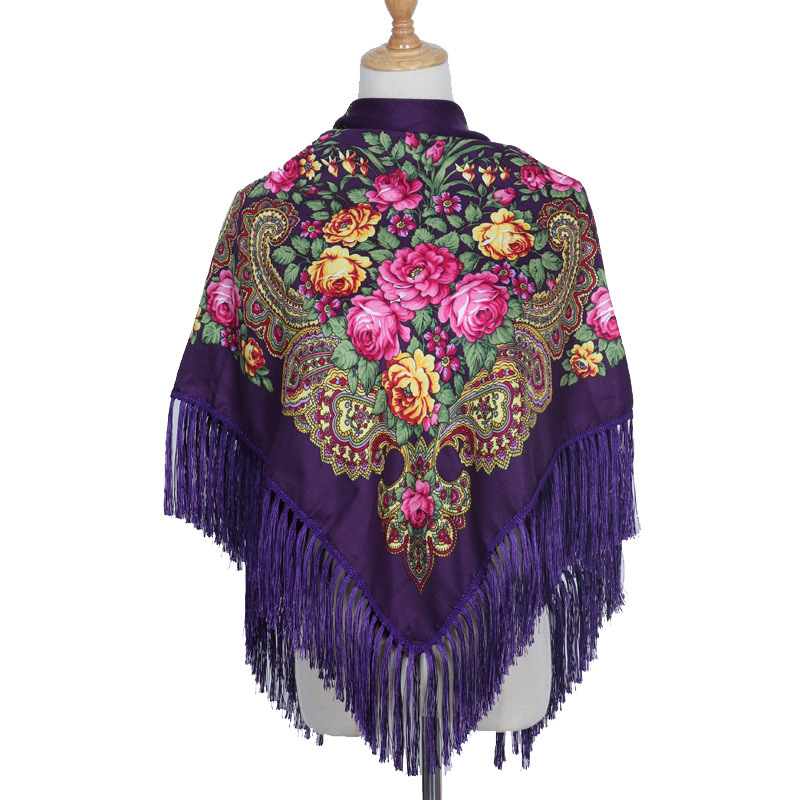 Scarf Women&#039;s Vintage Scarf Four-Side Tassel Xinjiang Printed Shawl Foreign Trade Flower Small Square Towel Ethnic Scarf