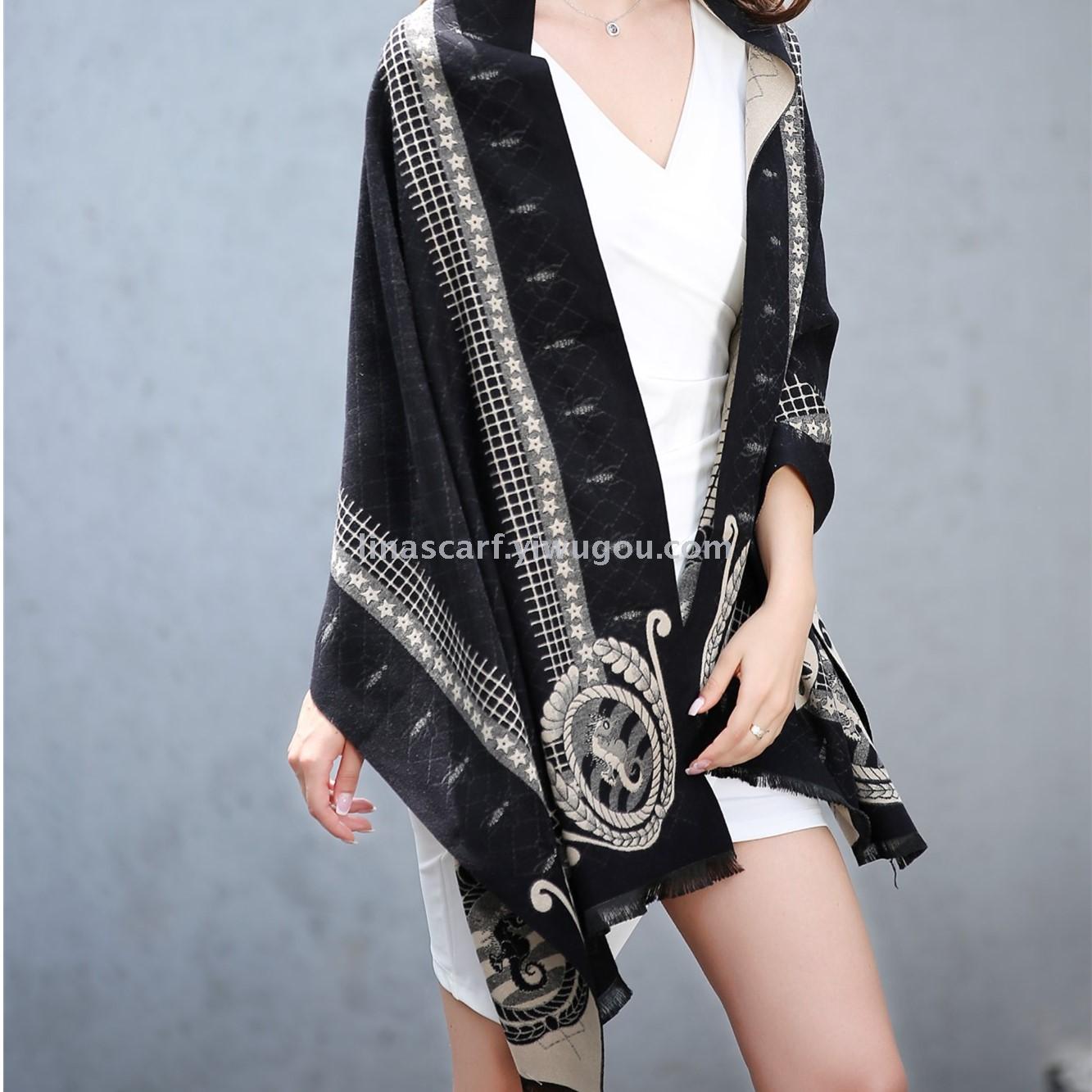 Ethnic Style Jacquard Scarf Seahorse Pattern Loose Beard Warm Shawl