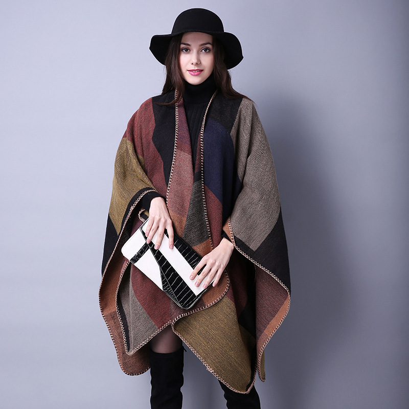 Lattice Ladies Travel Shawl Cashmere-like European and American Foreign Trade Ethnic Style Split Thickened Cape Scarf
