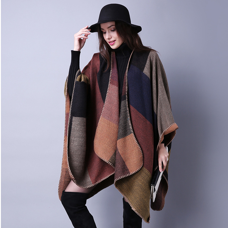 Lattice Ladies Travel Shawl Cashmere-like European and American Foreign Trade Ethnic Style Split Thickened Cape Scarf