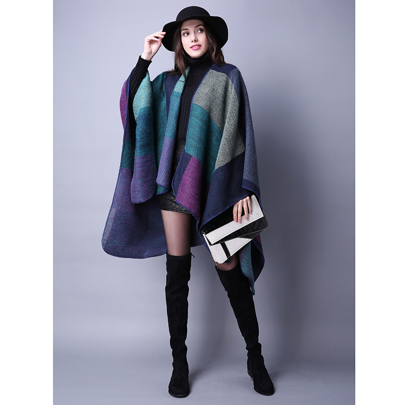 Lattice Ladies Travel Shawl Cashmere-like European and American Foreign Trade Ethnic Style Split Thickened Cape Scarf