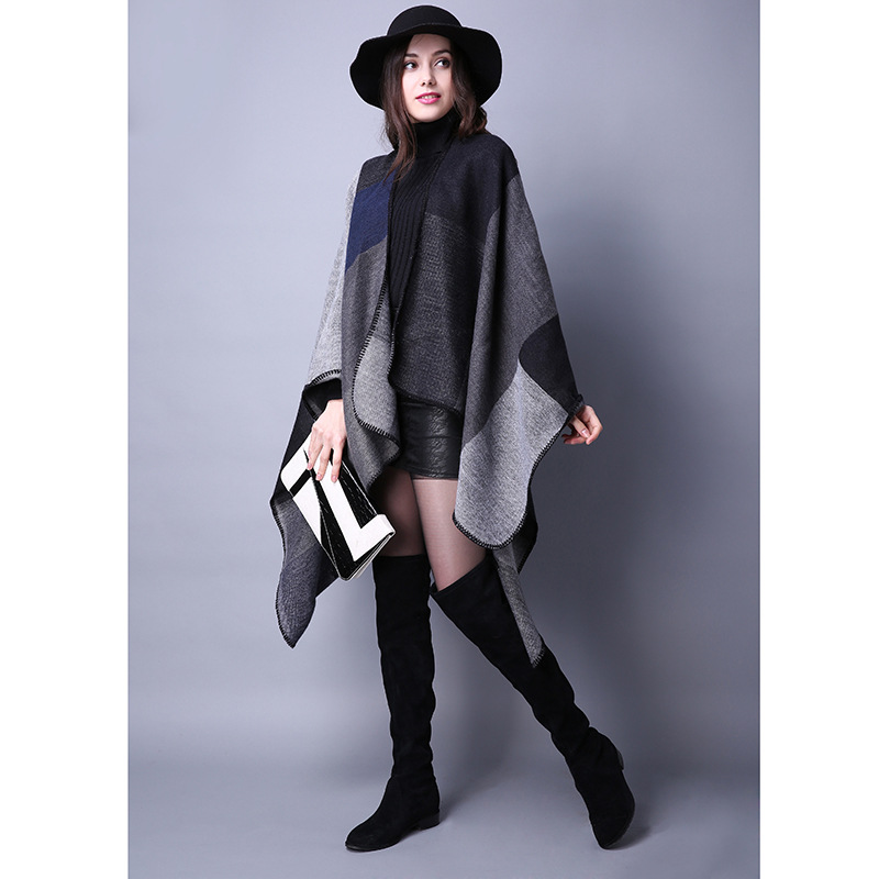 Lattice Ladies Travel Shawl Cashmere-like European and American Foreign Trade Ethnic Style Split Thickened Cape Scarf
