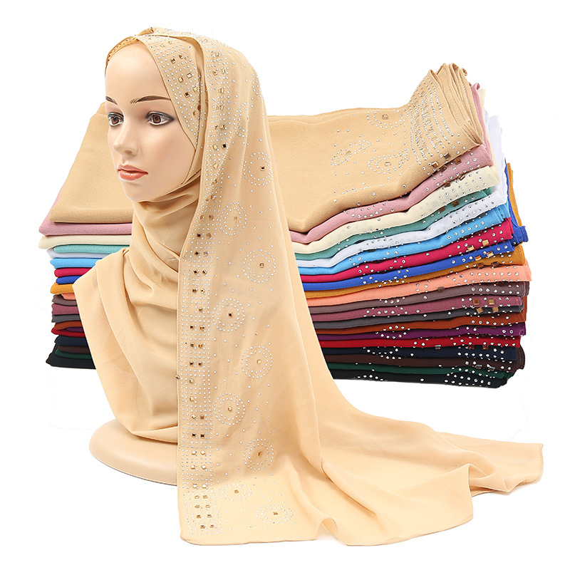 Foreign Trade Hot Sale Pearl Chiffon Size Polka Dot Rhinestone Scarf Style Shawl Women&#039;s Casual All-Match Ethnic Headscarf