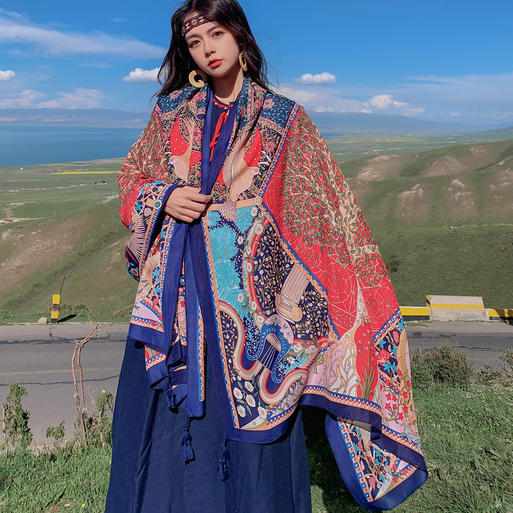 Ethnic Style Travel Silk Scarf Vacation Sun Protection Scarf Air Conditioning Talma Female Beach Scarf Ethnic Scarf