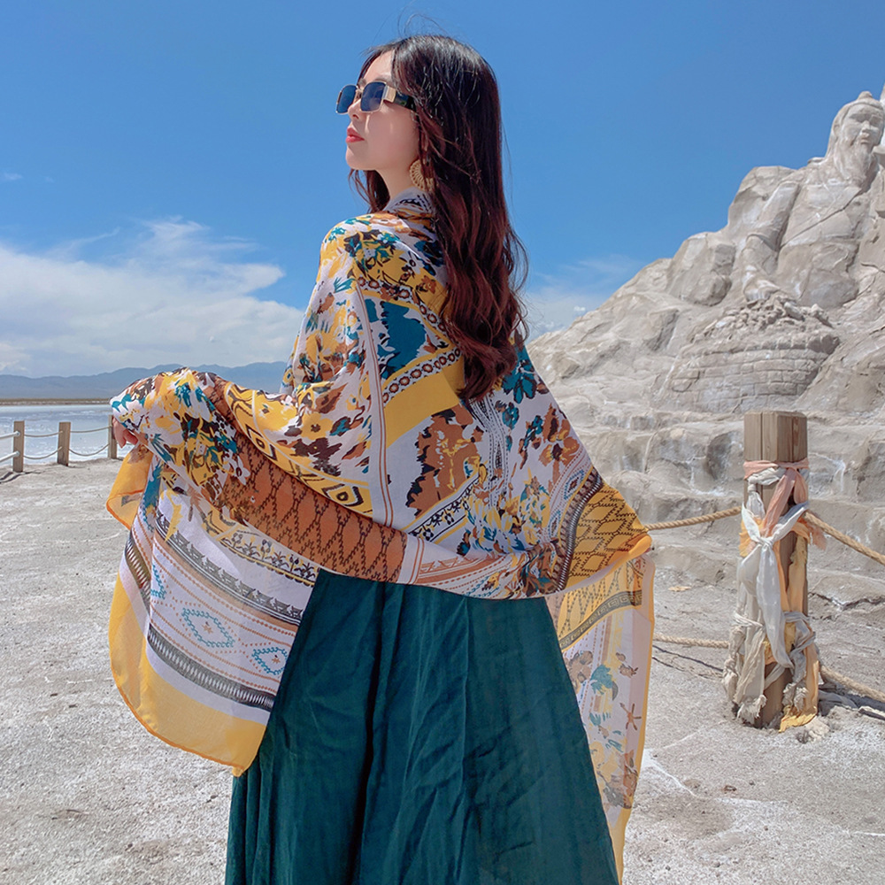 Ethnic Style Travel Silk Scarf Vacation Sun Protection Scarf Air Conditioning Talma Female Beach Scarf Ethnic Scarf