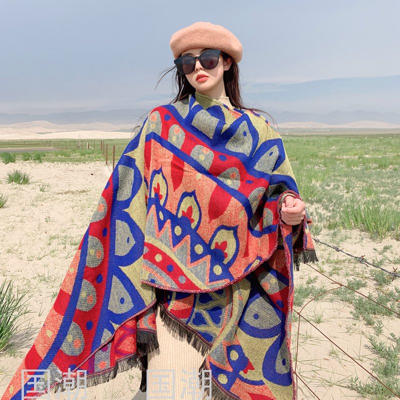 2021 Ethnic Style Scarf Women&#039;s Cashmere-like Slit Love Autumn and Winter Outer Wear Sun Protection Hooded Cloak Gift 