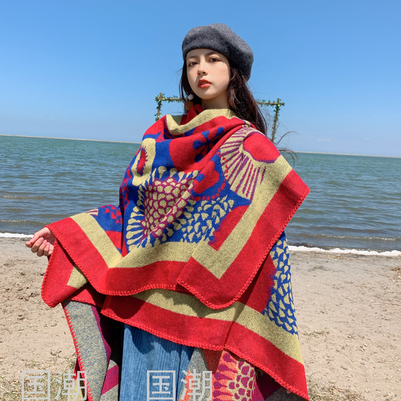 2021 Ethnic Style Scarf Women&#039;s Cashmere-like Slit Love Autumn and Winter Outer Wear Sun Protection Hooded Cloak Gift 