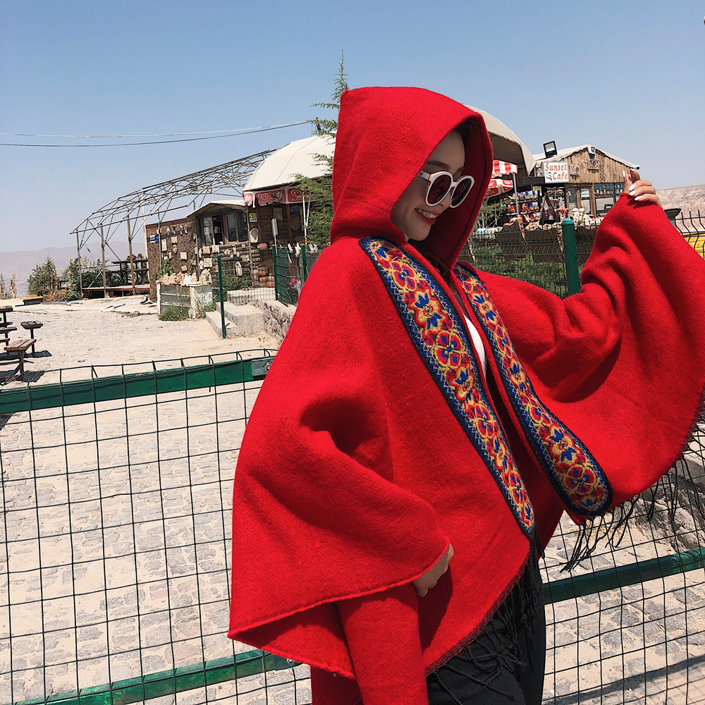 Turkish Ethnic Style Shawl Women&#039;s Hooded Thickened Warm Yunnan Tibet Travel Scarf with Hat Cloak Robe