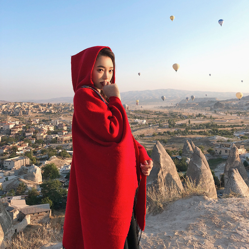 Turkish Ethnic Style Shawl Women&#039;s Hooded Thickened Warm Yunnan Tibet Travel Scarf with Hat Cloak Robe
