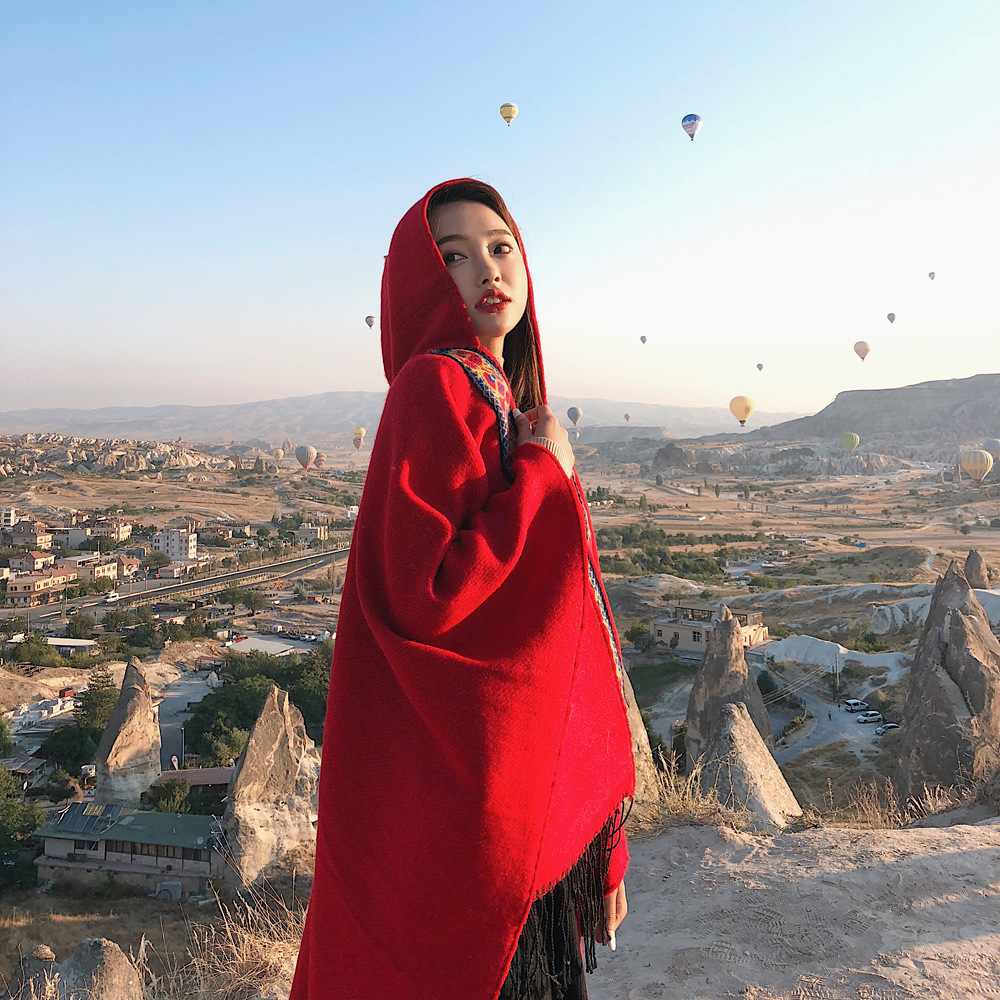 Turkish Ethnic Style Shawl Women&#039;s Hooded Thickened Warm Yunnan Tibet Travel Scarf with Hat Cloak Robe