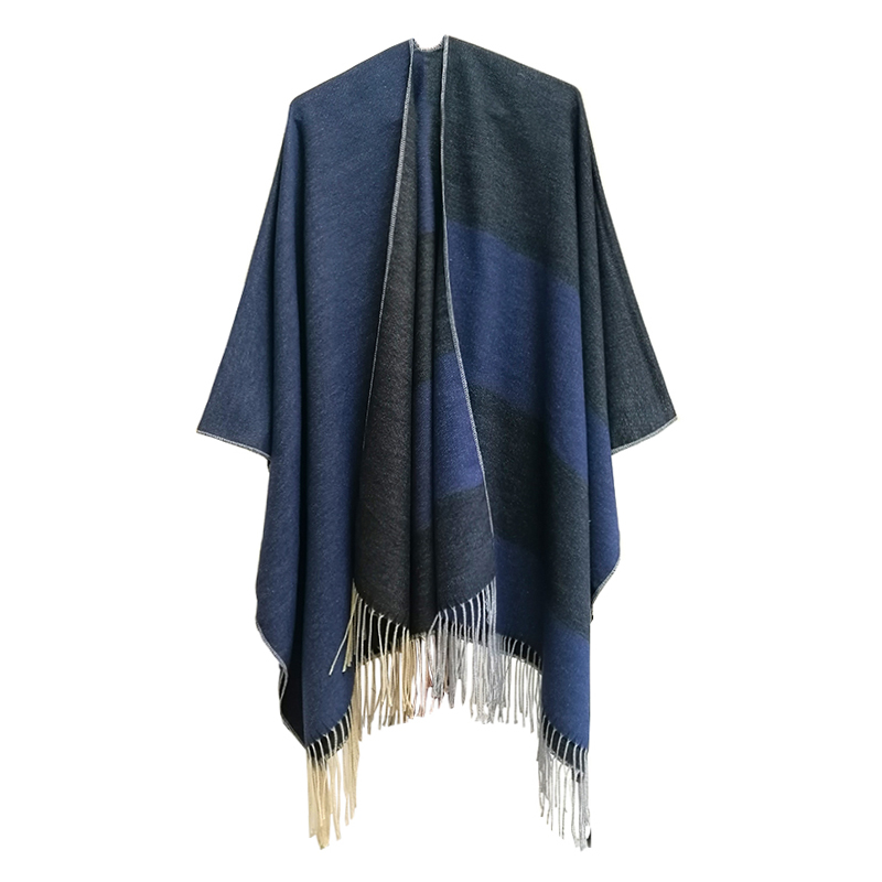 Cross-Border Simple Elegant Striped Slit Shawl Tassel Cape Tr Cotton Autumn and Winter Soft Warm Shoulder Wrap Scarf