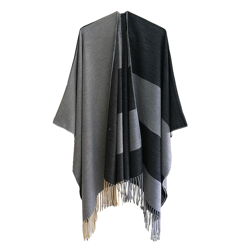 Cross-Border Simple Elegant Striped Slit Shawl Tassel Cape Tr Cotton Autumn and Winter Soft Warm Shoulder Wrap Scarf