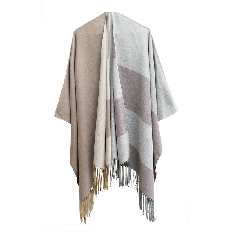 Cross-Border Simple Elegant Striped Slit Shawl Tassel Cape Tr Cotton Autumn and Winter Soft Warm Shoulder Wrap Scarf