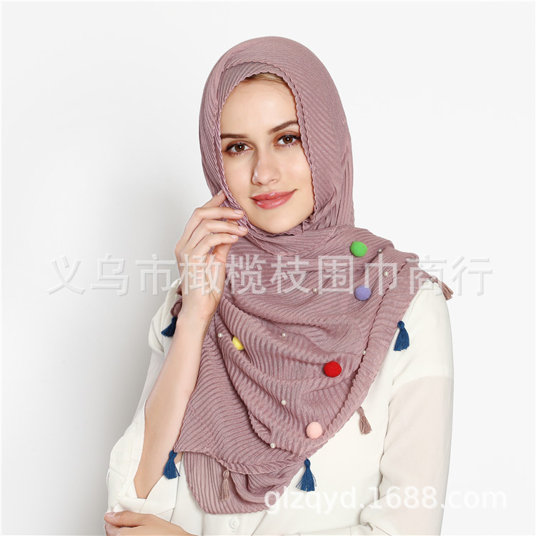 TR cotton and linen embossed scarf female student art Japanese small fresh scarf with pearl fur ball shawl