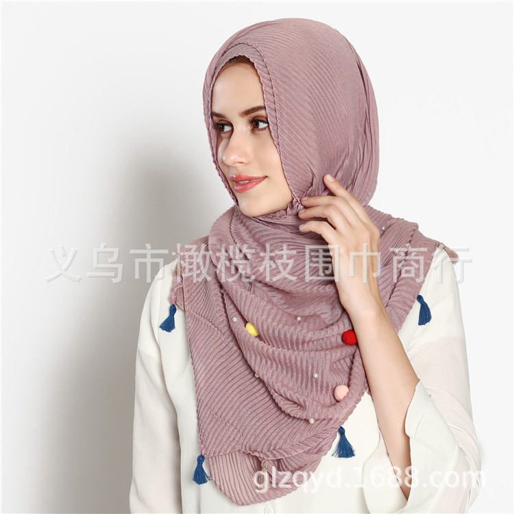 TR cotton and linen embossed scarf female student art Japanese small fresh scarf with pearl fur ball shawl