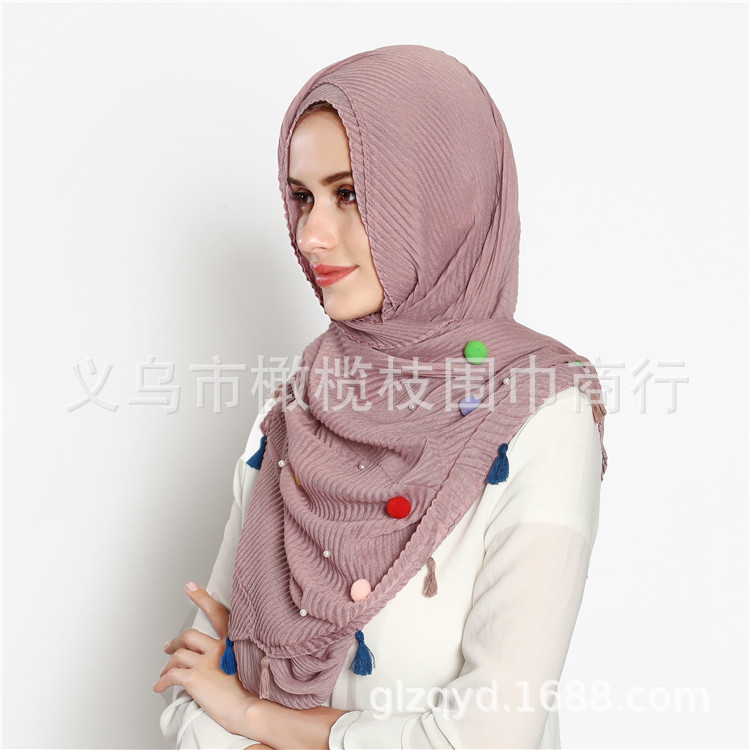 TR cotton and linen embossed scarf female student art Japanese small fresh scarf with pearl fur ball shawl