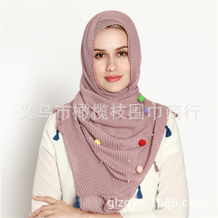 TR cotton and linen embossed scarf female student art Japanese small fresh scarf with pearl fur ball shawl