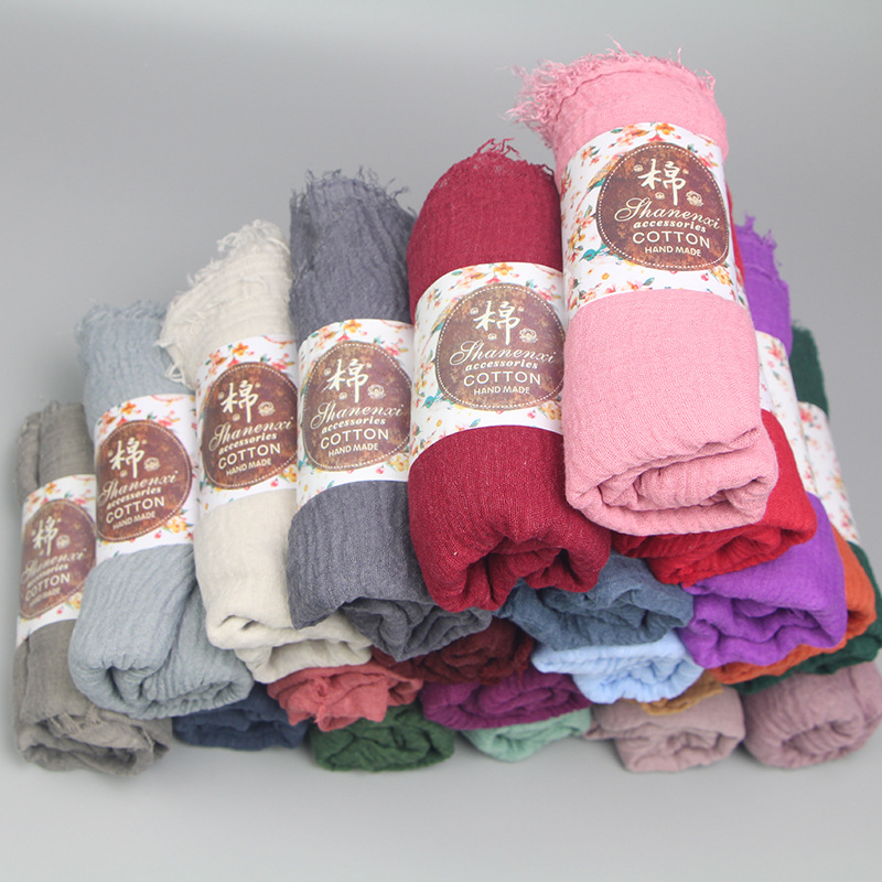 Monochrome Cotton and Linen Scarf New Feathering Headcloth Creased Scarf Foreign Trade Wholesale Tr007