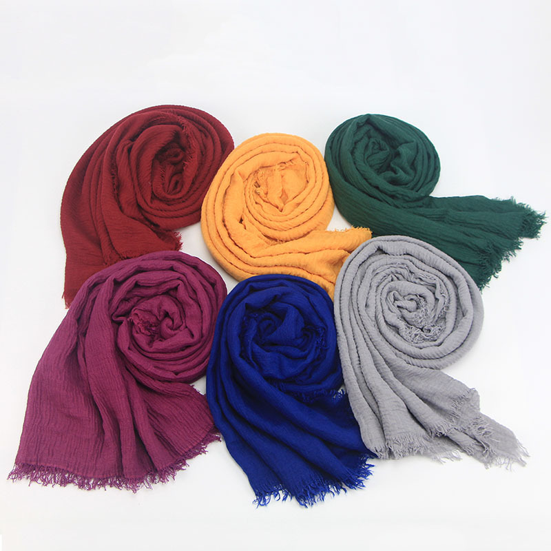 Monochrome Cotton and Linen Scarf New Feathering Headcloth Creased Scarf Foreign Trade Wholesale Tr007