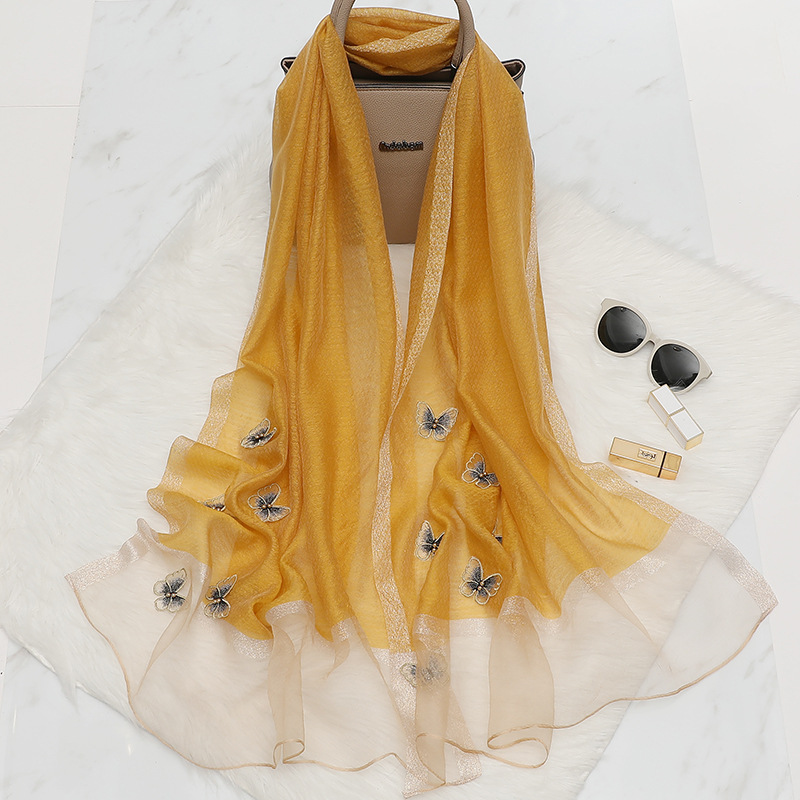 Foreign Trade Hot Selling Pansy Embroidery Scarf Female Four Seasons Versatile Embroidery Gradient Color Scarf Female