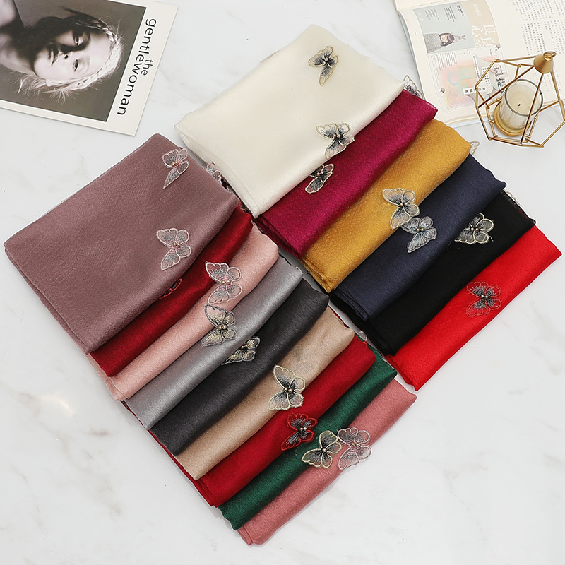 Foreign Trade Hot Selling Pansy Embroidery Scarf Female Four Seasons Versatile Embroidery Gradient Color Scarf Female