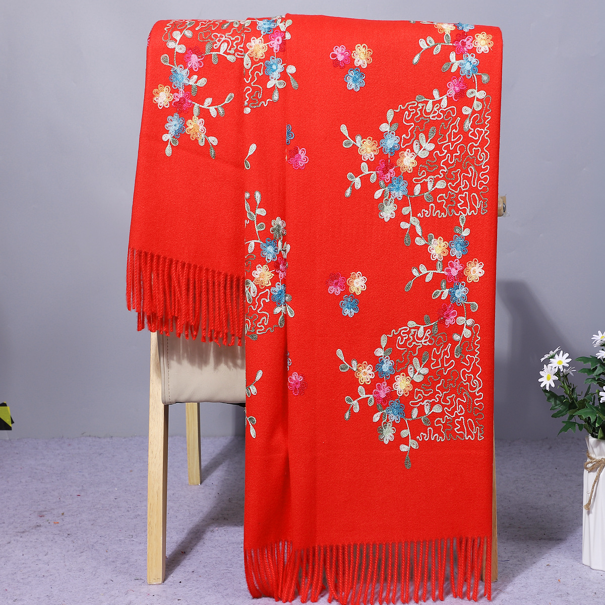 Autumn and Winter New Nepal Style Embroidery Embroidery Cashmere Scarf Shawl Travel Photo Versatile Knitted Thickened Warm