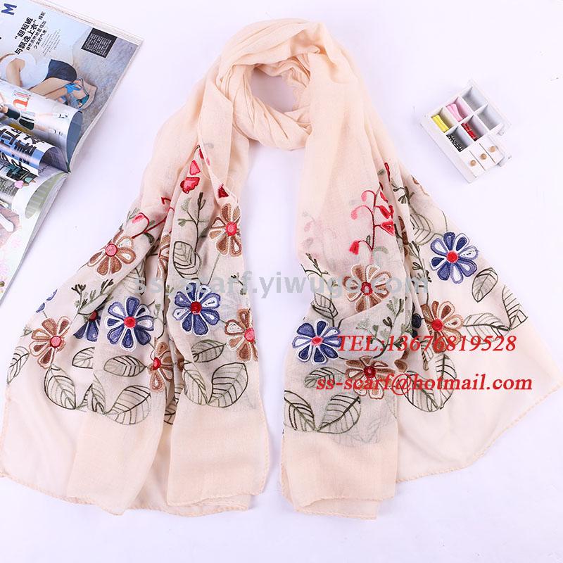 70% Polyester 30% Viscose Embroidery Flower Scarf Floral Shawl Plant tippet head scarf Chinese style have stock