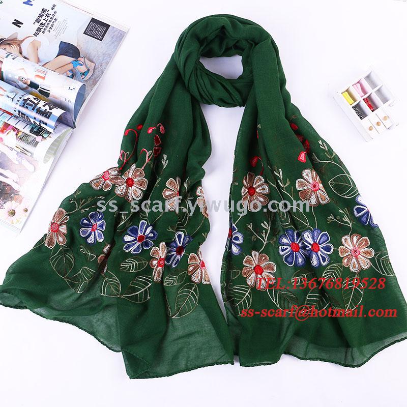 70% Polyester 30% Viscose Embroidery Flower Scarf Floral Shawl Plant tippet head scarf Chinese style have stock