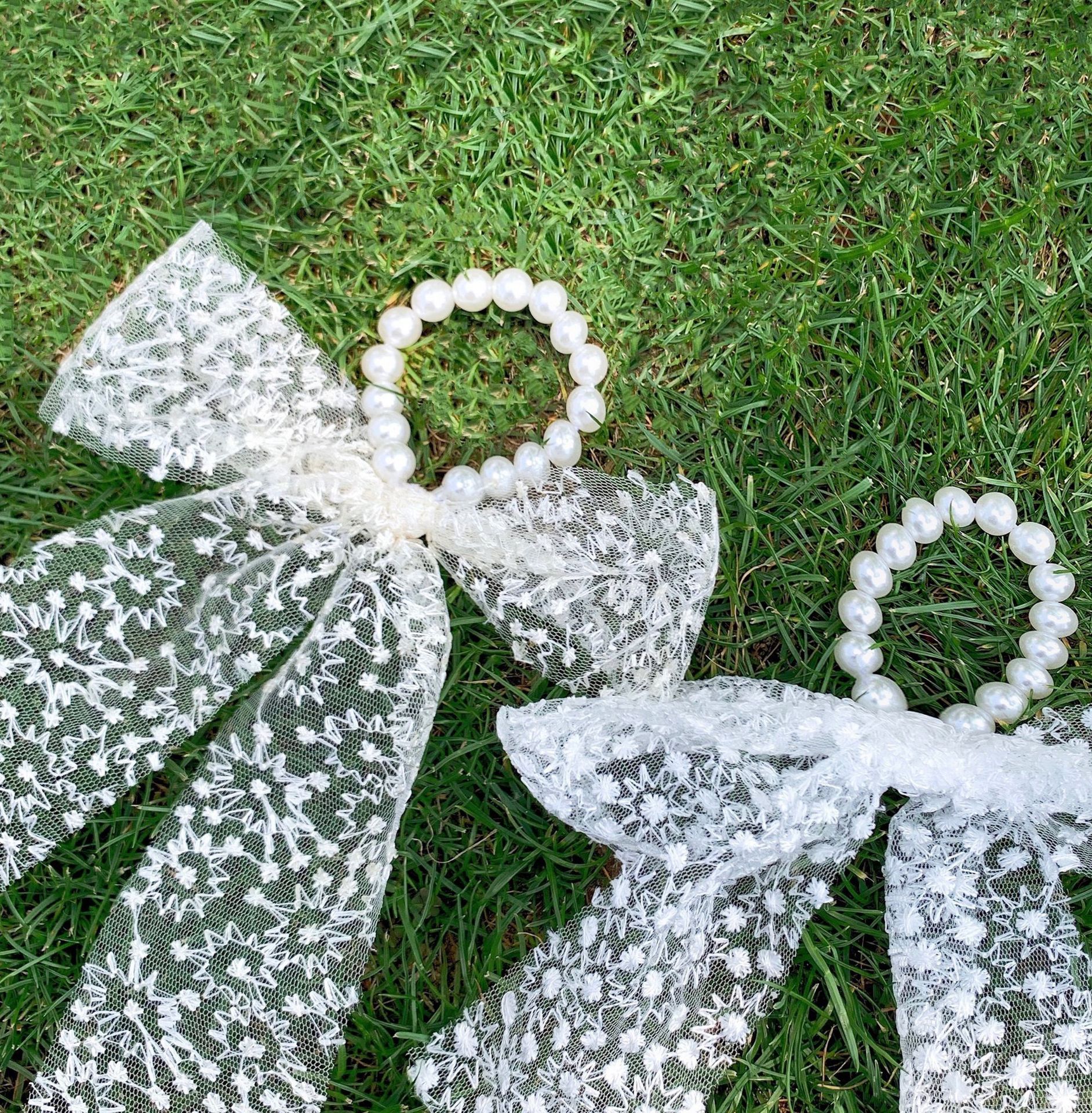 Super Fairy Headband Korean Style Graceful Bow Pearl Lace Embroidery Streamer Hair Tie Rope Hair Band Hair Band Silk Scarf Headdress